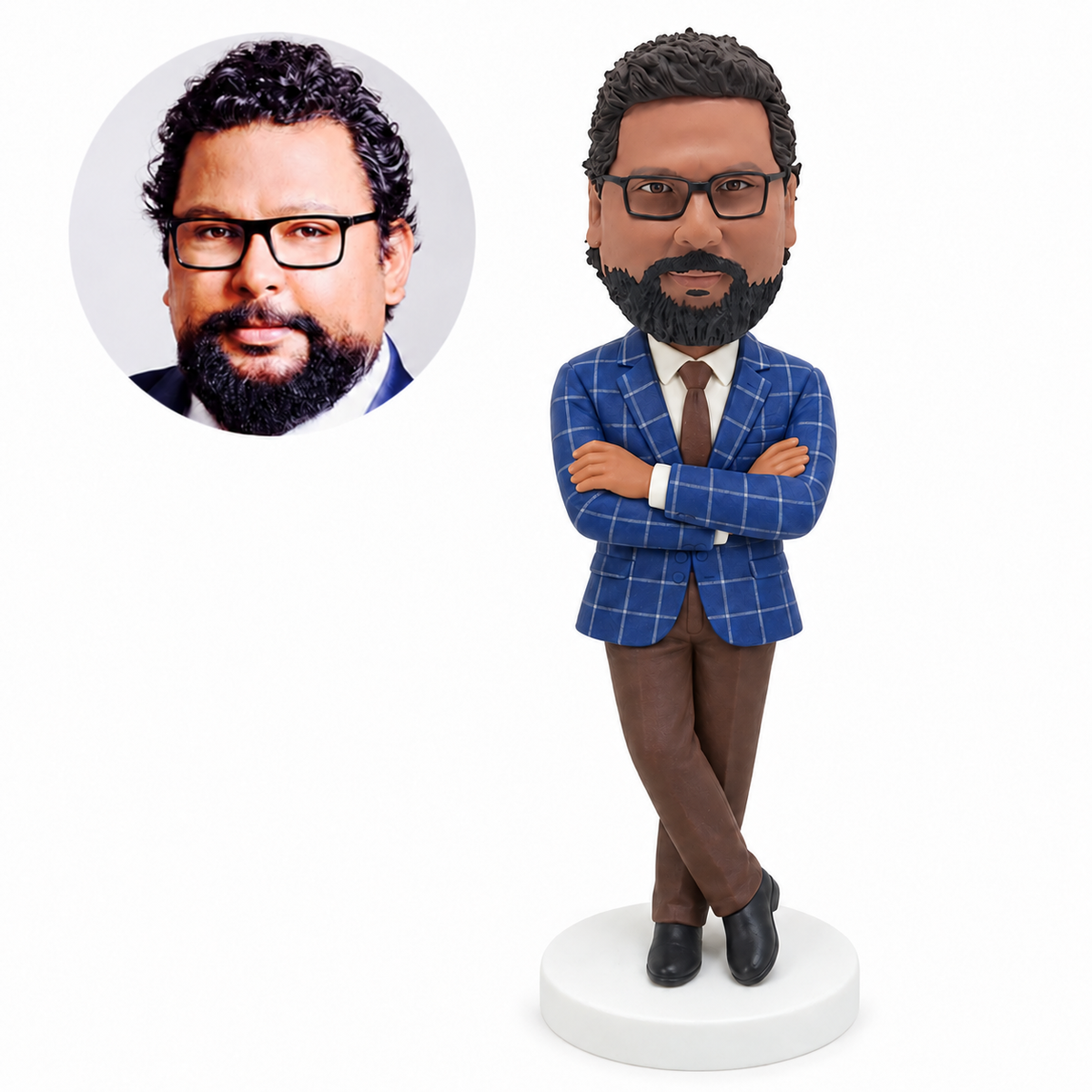 custom bobblehead figure man in a checked blazer standing with his arms and legs crossed