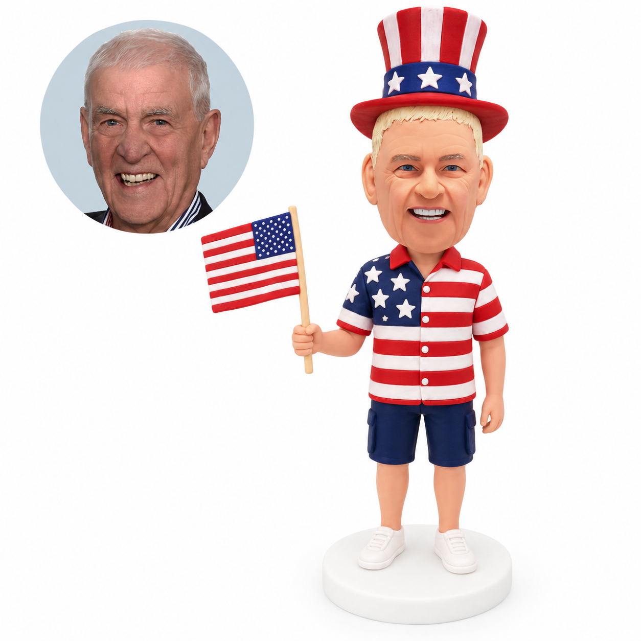 custom bobblehead figure man in a patriotic shirt and top hat holding an American flag