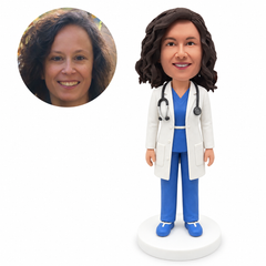 custom bobblehead figure female doctor in a lab coat and trousers with both arms down
