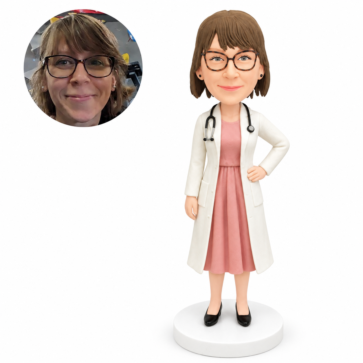custom bobblehead figure female doctor in a lab coat and dress with one hand on her hip