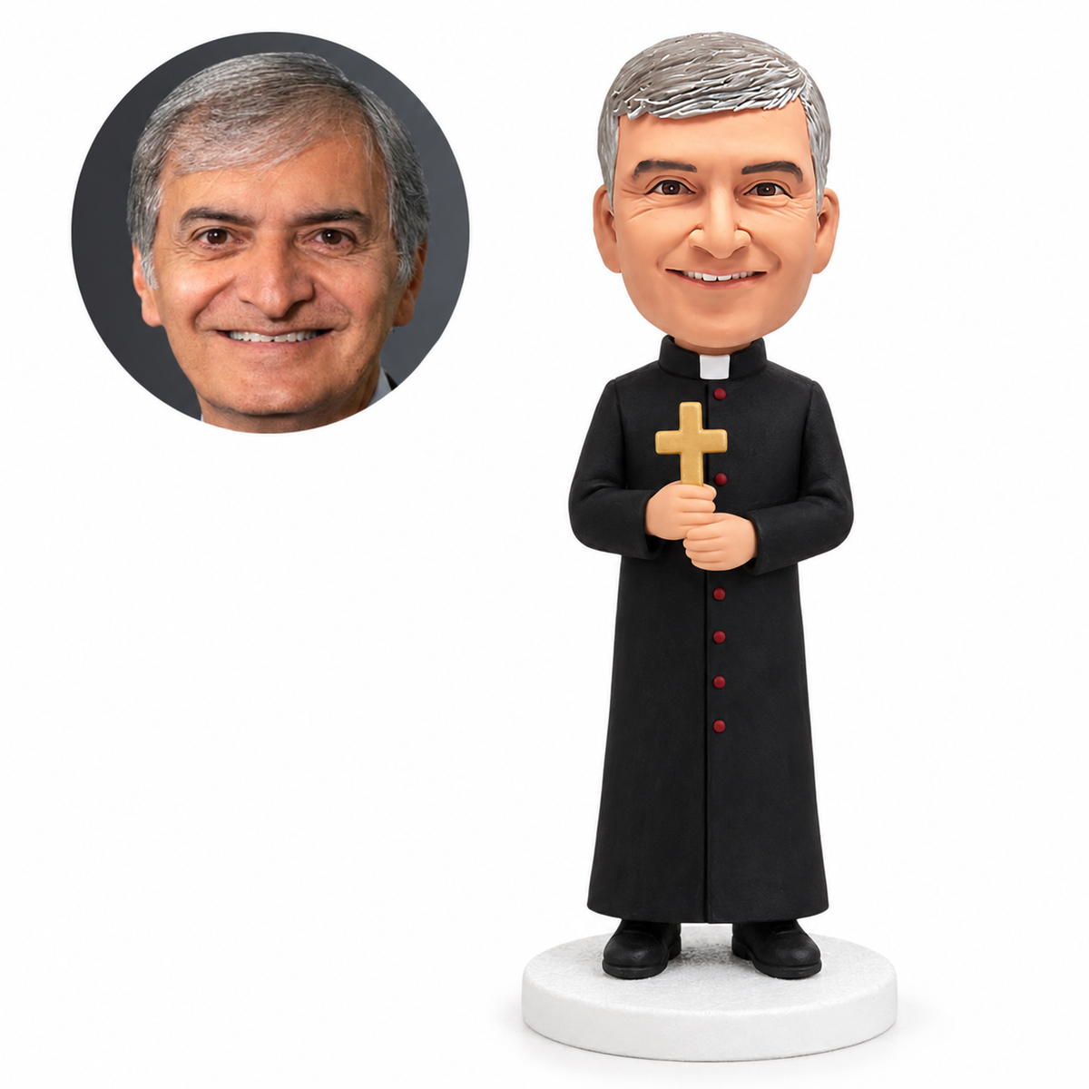 custom bobblehead figure priest in a long robe holding a cross with both hands