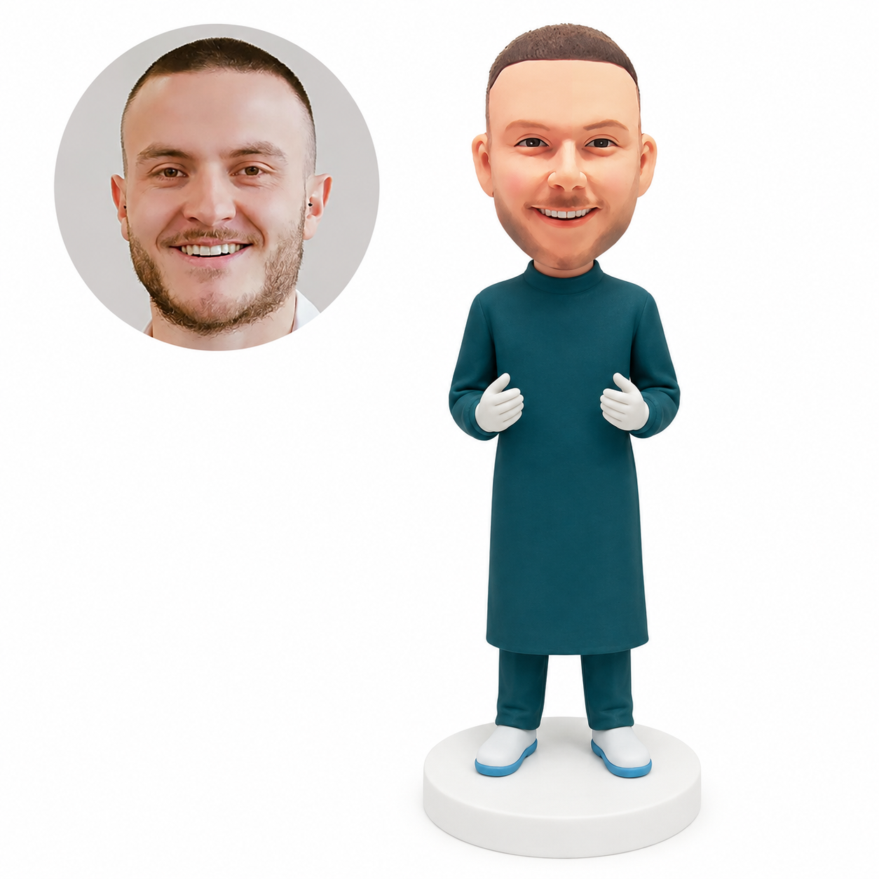 custom bobblehead figure male surgeon in a long surgical gown with both gloved hands raised
