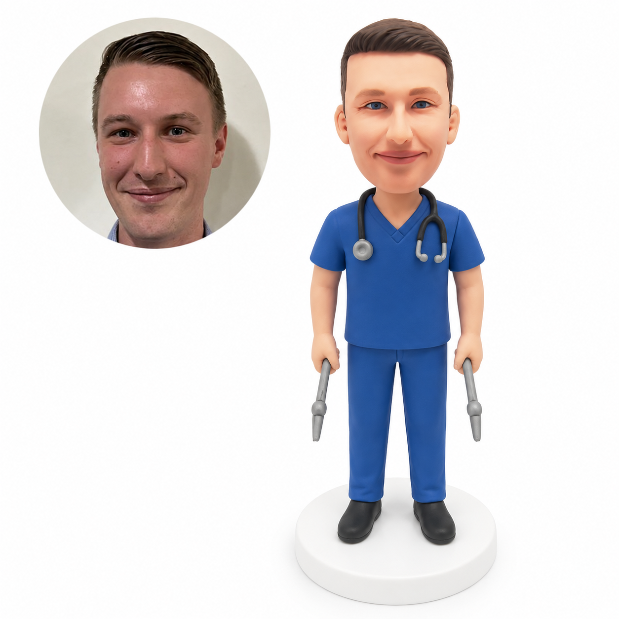 custom bobblehead figure male doctor in scrubs holding two surgical forceps
