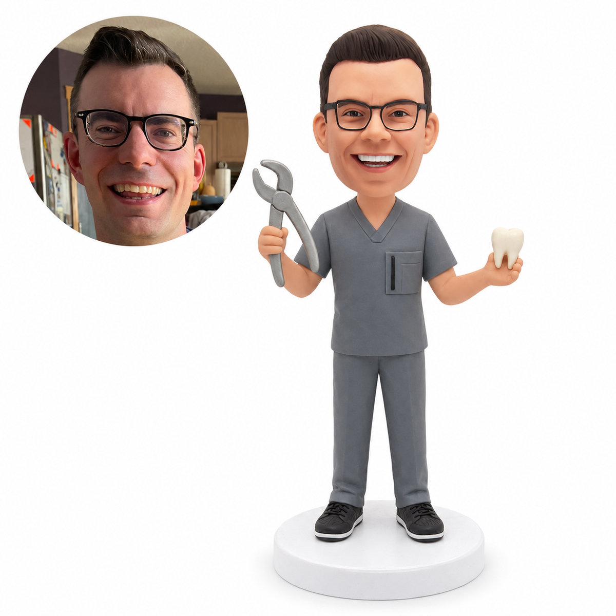 custom bobblehead figure male dentist in scrubs holding large pliers and a tooth model