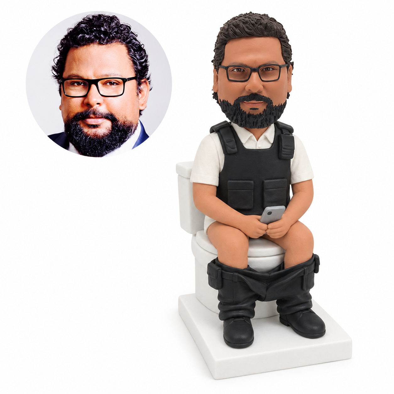custom bobblehead figure male officer sitting on a toilet holding a phone