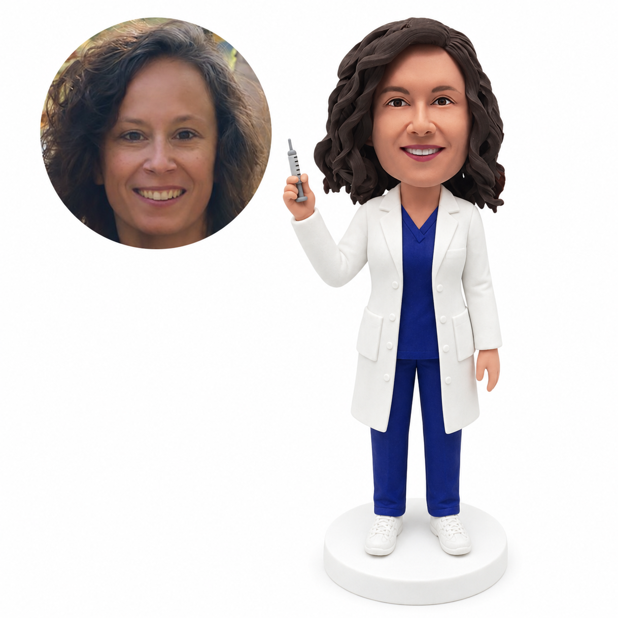 custom bobblehead figure female doctor in a lab coat and trousers holding a syringe