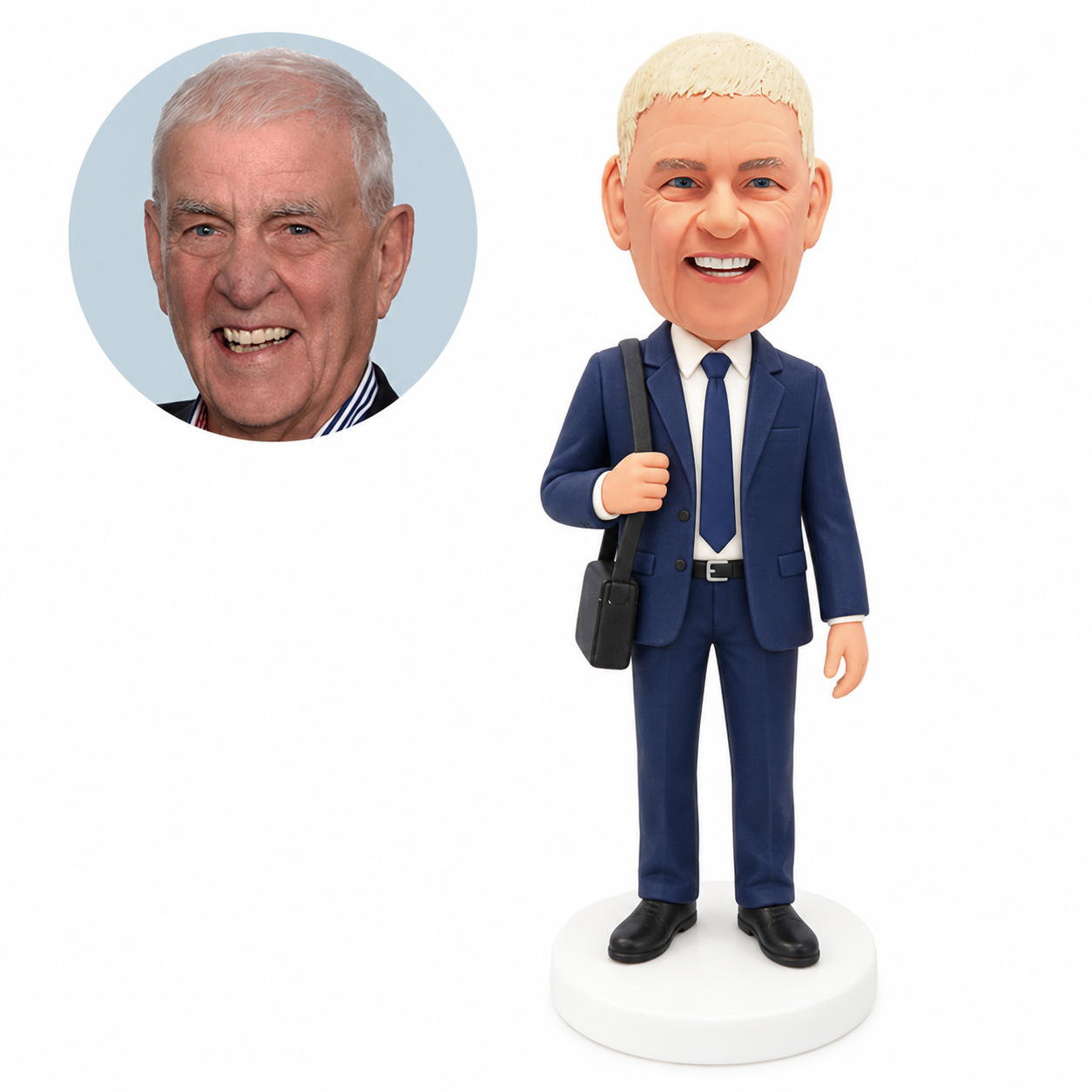custom bobblehead figure man in a business suit holding a shoulder bag strap
