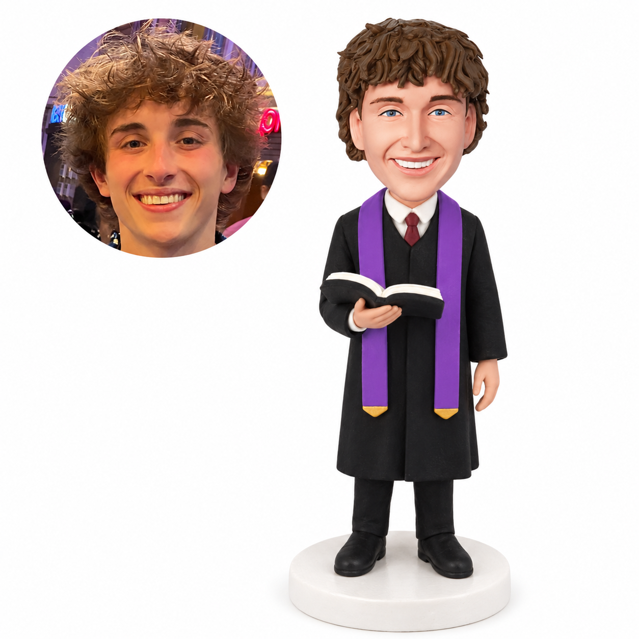 custom bobblehead figure priest in a long robe and stole holding an open Bible in one hand