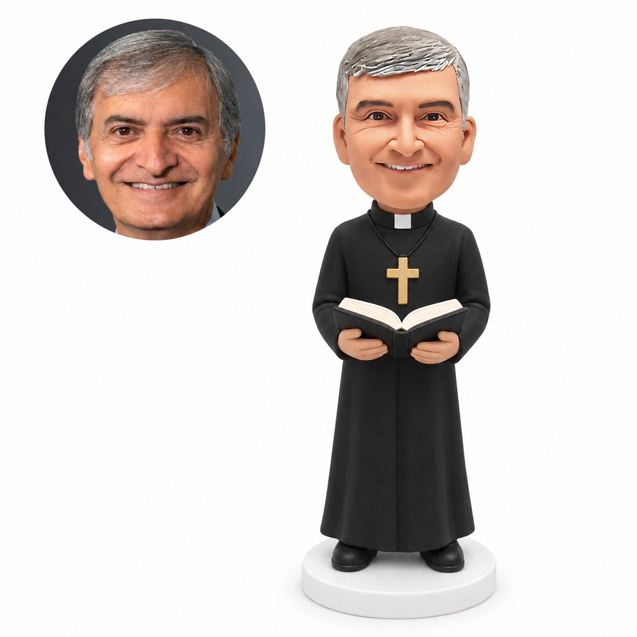 custom bobblehead figure priest in a long cassock holding an open Bible with both hands