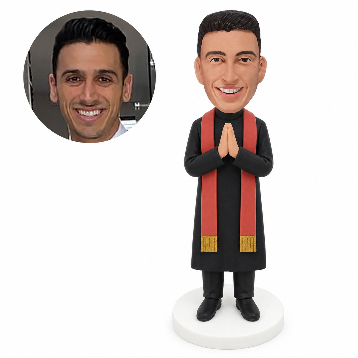 custom bobblehead figure priest in a long robe and stole with hands joined in prayer