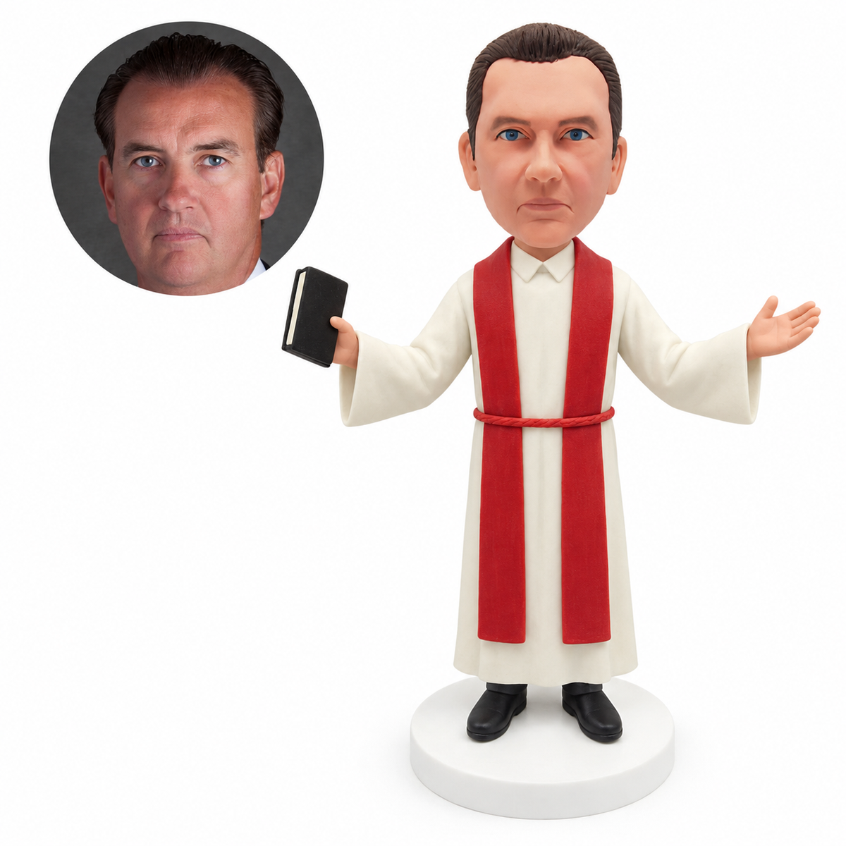 custom bobblehead figure priest in a white robe and stole with arms outstretched holding a Bible