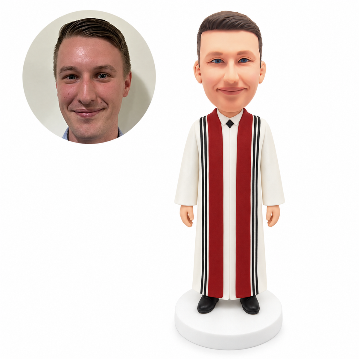 custom bobblehead figure priest in a long white robe and stole with arms relaxed
