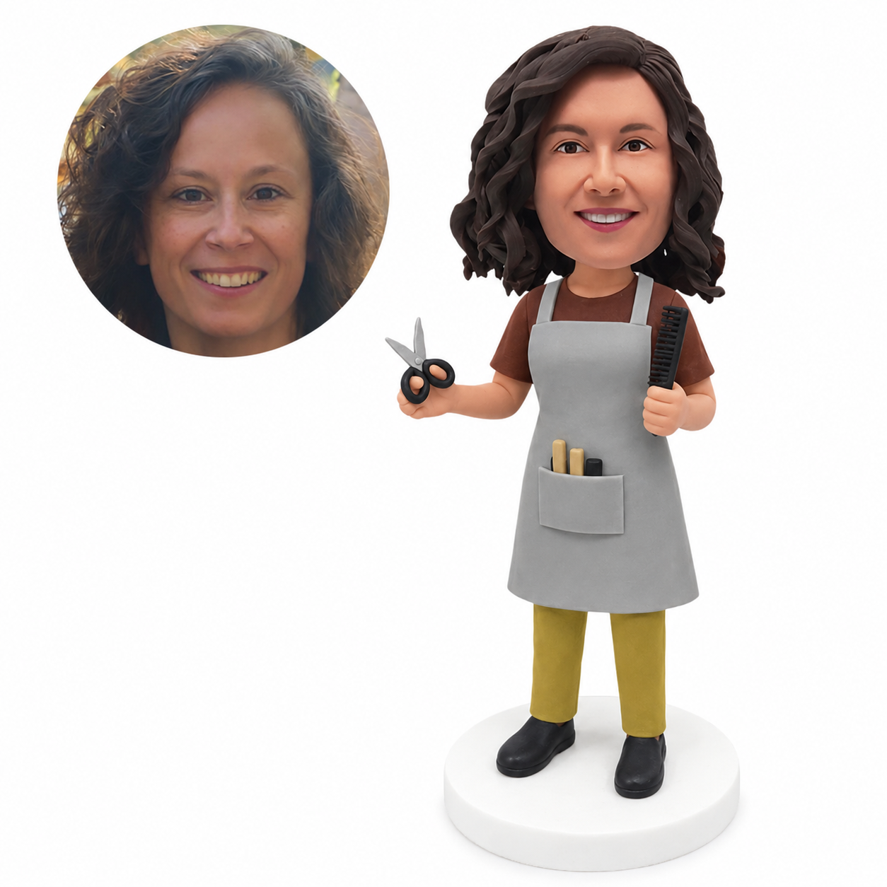 custom bobblehead figure female barber in an apron holding scissors and a comb