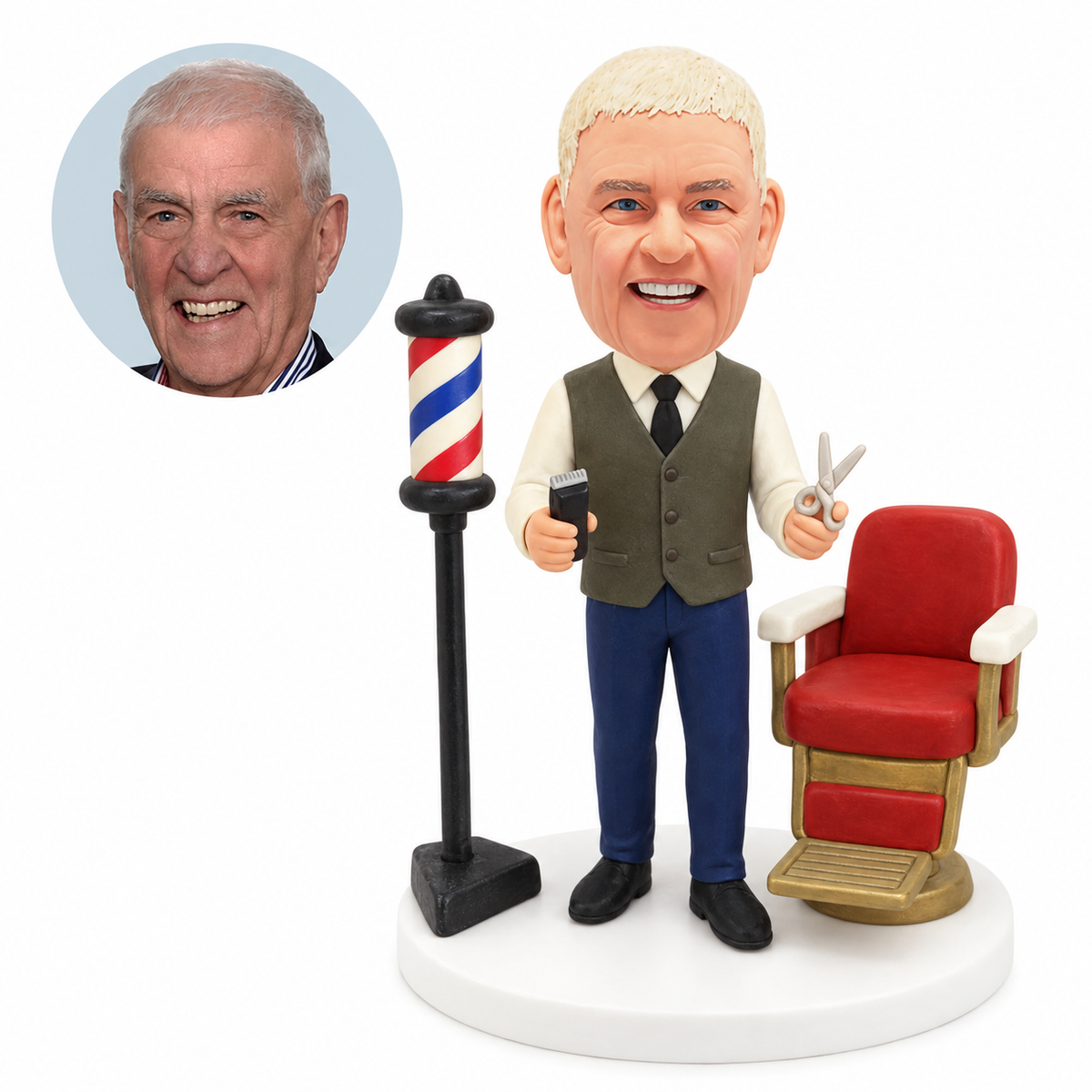 custom bobblehead figure barber in a waistcoat holding clippers and scissors beside a chair and pole