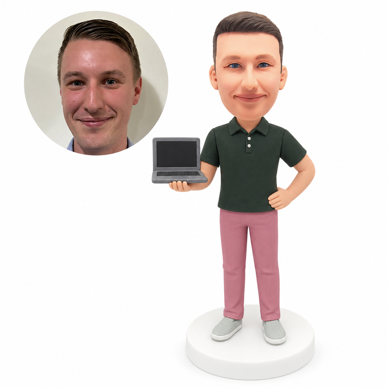 custom bobblehead figure programmer in a polo shirt holding an open laptop with a hand on his hip