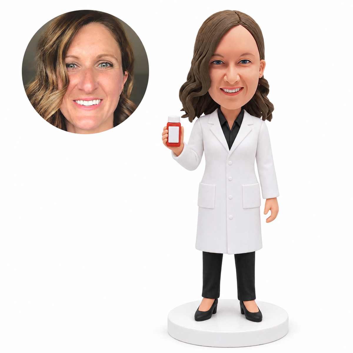 custom bobblehead figure female pharmacist in a lab coat holding a medicine bottle