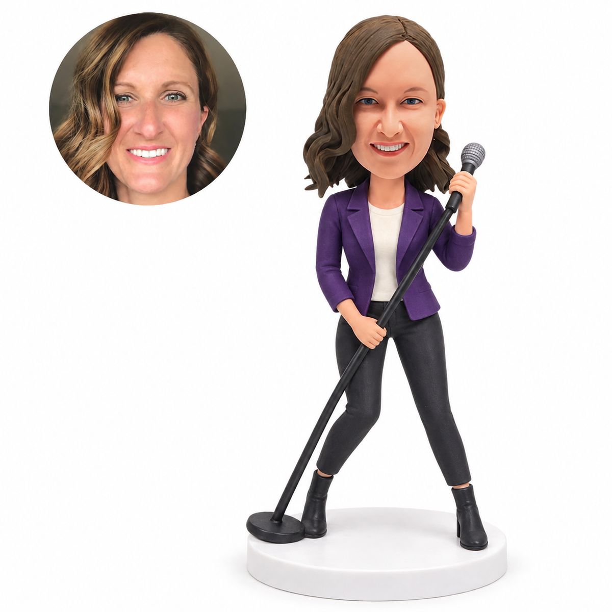 custom bobblehead figure female singer in a blazer and trousers holding a tilted microphone stand