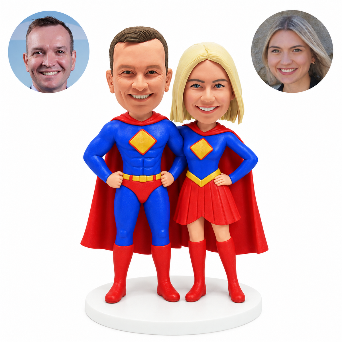 custom bobblehead figures hero couple in capes standing with hands on their hips