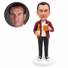 custom bobblehead figure man in an open button shirt holding a beer bottle and mug