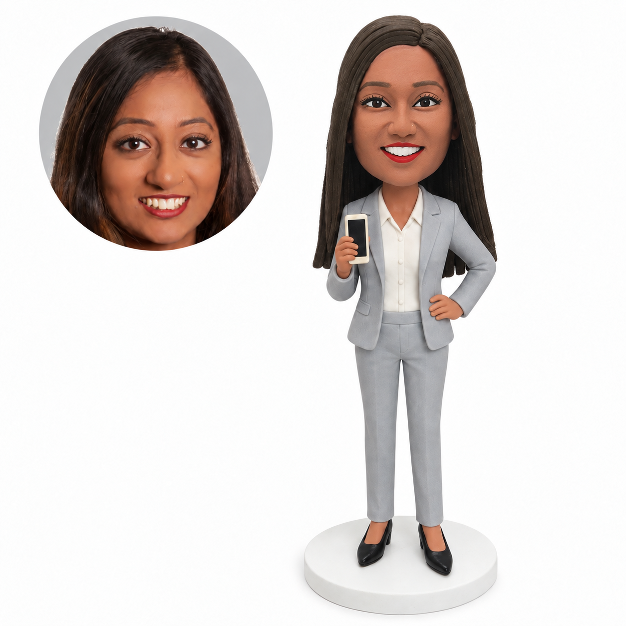 custom bobblehead figure businesswoman in a trouser suit holding a phone with one hand on her hip
