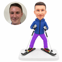 custom bobblehead figure male skier in a wide V stance holding two ski poles