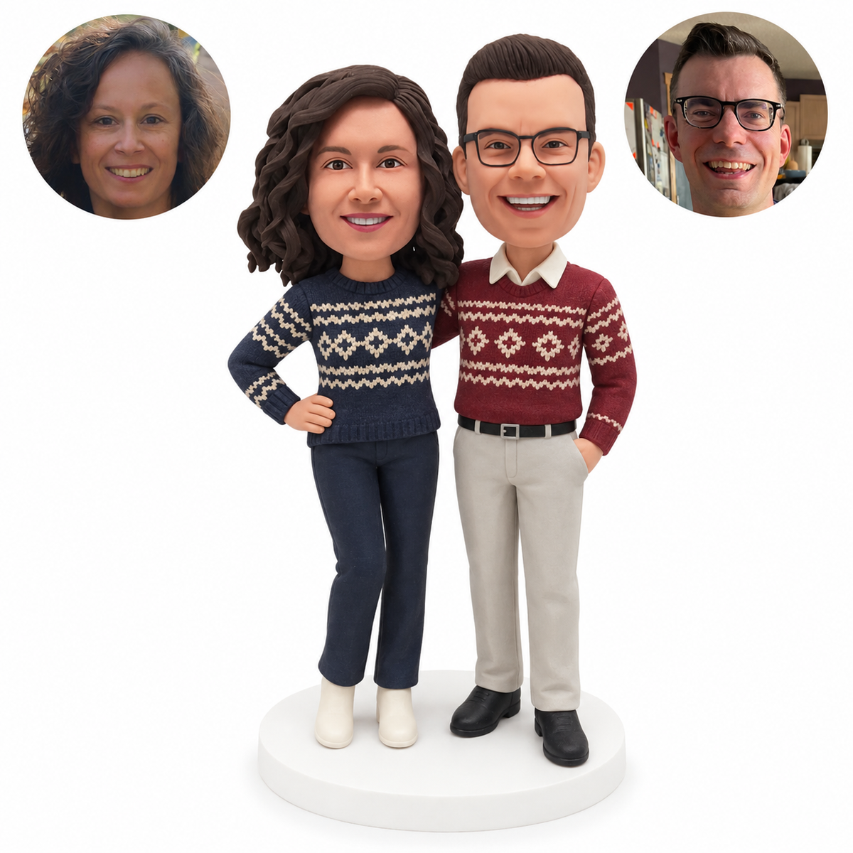 custom bobblehead figures couple in sweaters standing with an arm around a shoulder