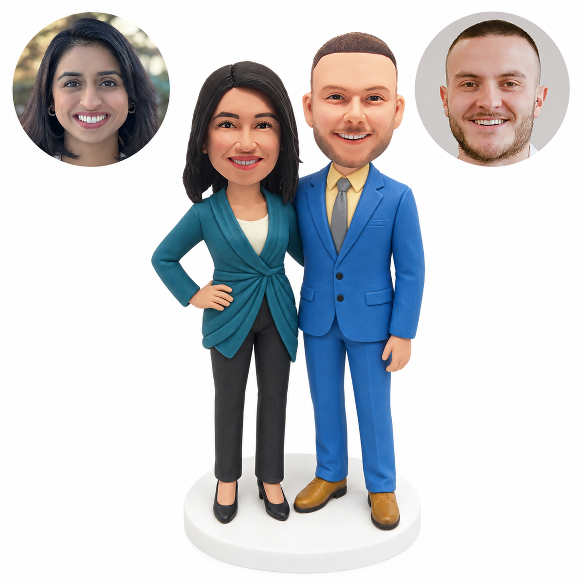 custom bobblehead figures business couple in a draped cardigan and suit standing together