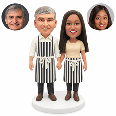 custom bobblehead figures chef couple holding hands in a bib apron and waist apron