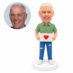 custom bobblehead figure man in a short sleeve shirt holding a heart sign
