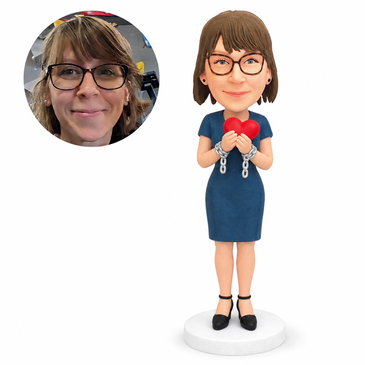 custom bobblehead figure woman in a short sleeve dress holding a heart with wrist chains