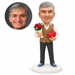 custom bobblehead figure man in a waistcoat holding roses and a heart