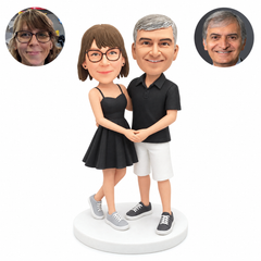 custom bobblehead figures casual couple in a skater dress and shorts holding hands