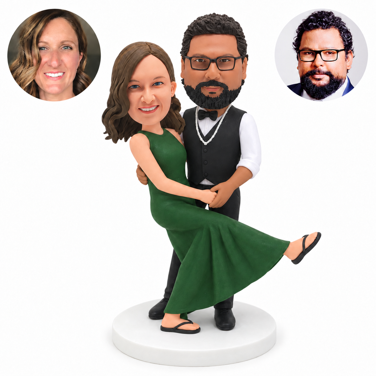 custom bobblehead figures dancing couple with a woman raising one leg