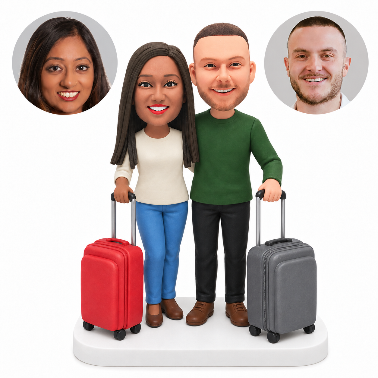 custom bobblehead figures travel couple each holding a rolling suitcase