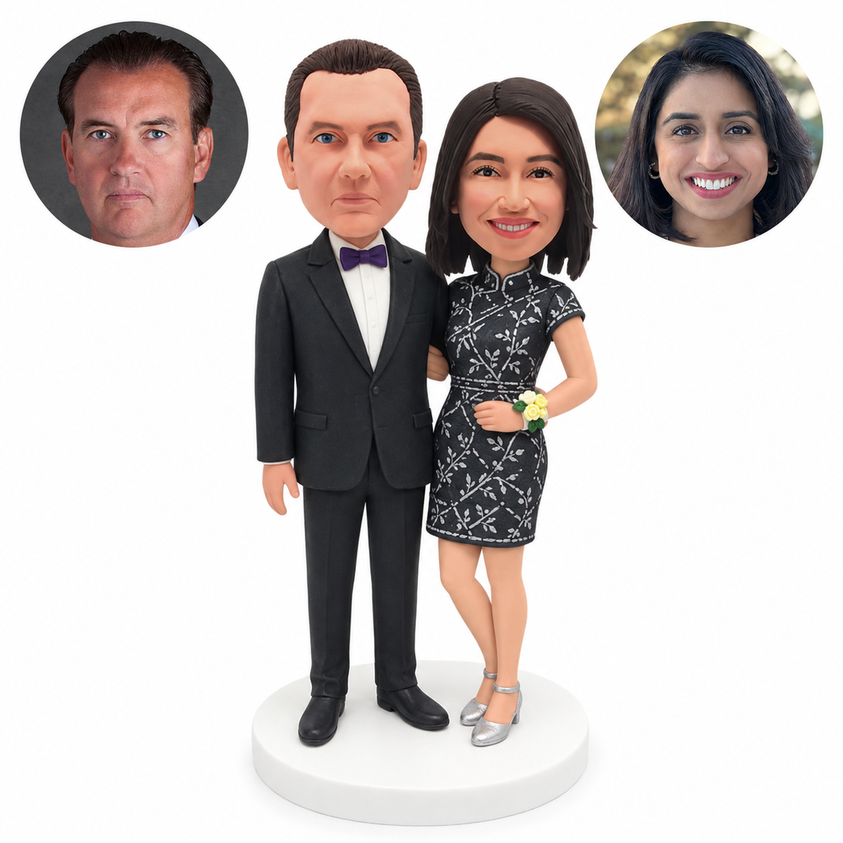 custom bobblehead figures formal couple with a woman in a cap sleeve cheongsam