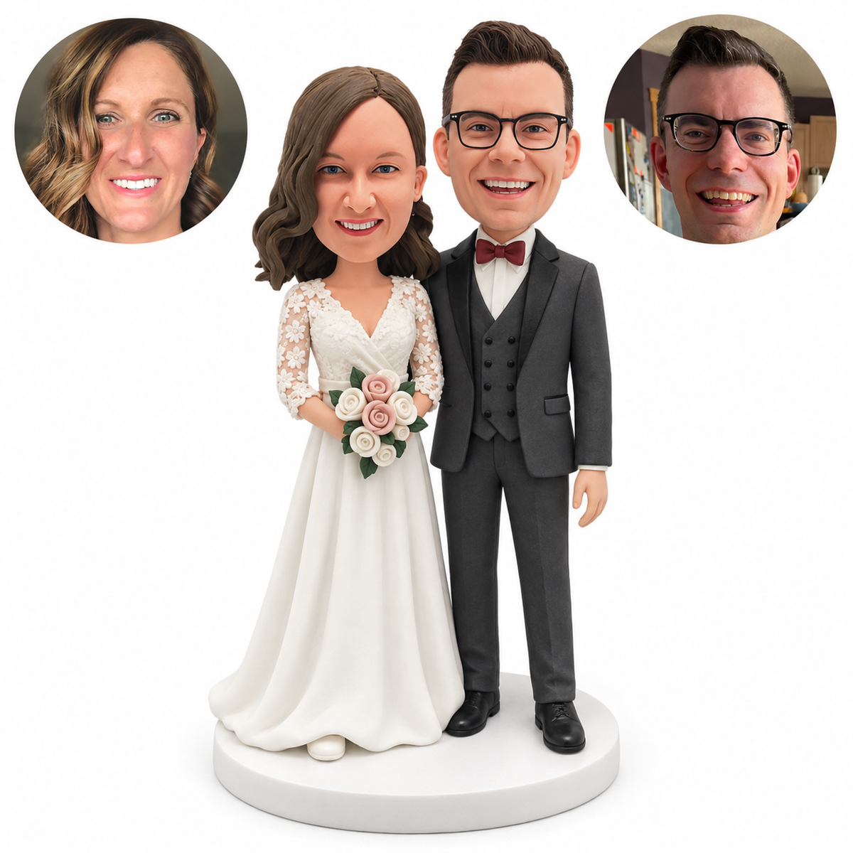 custom bobblehead figures wedding couple in a lace wrap gown and three piece tuxedo
