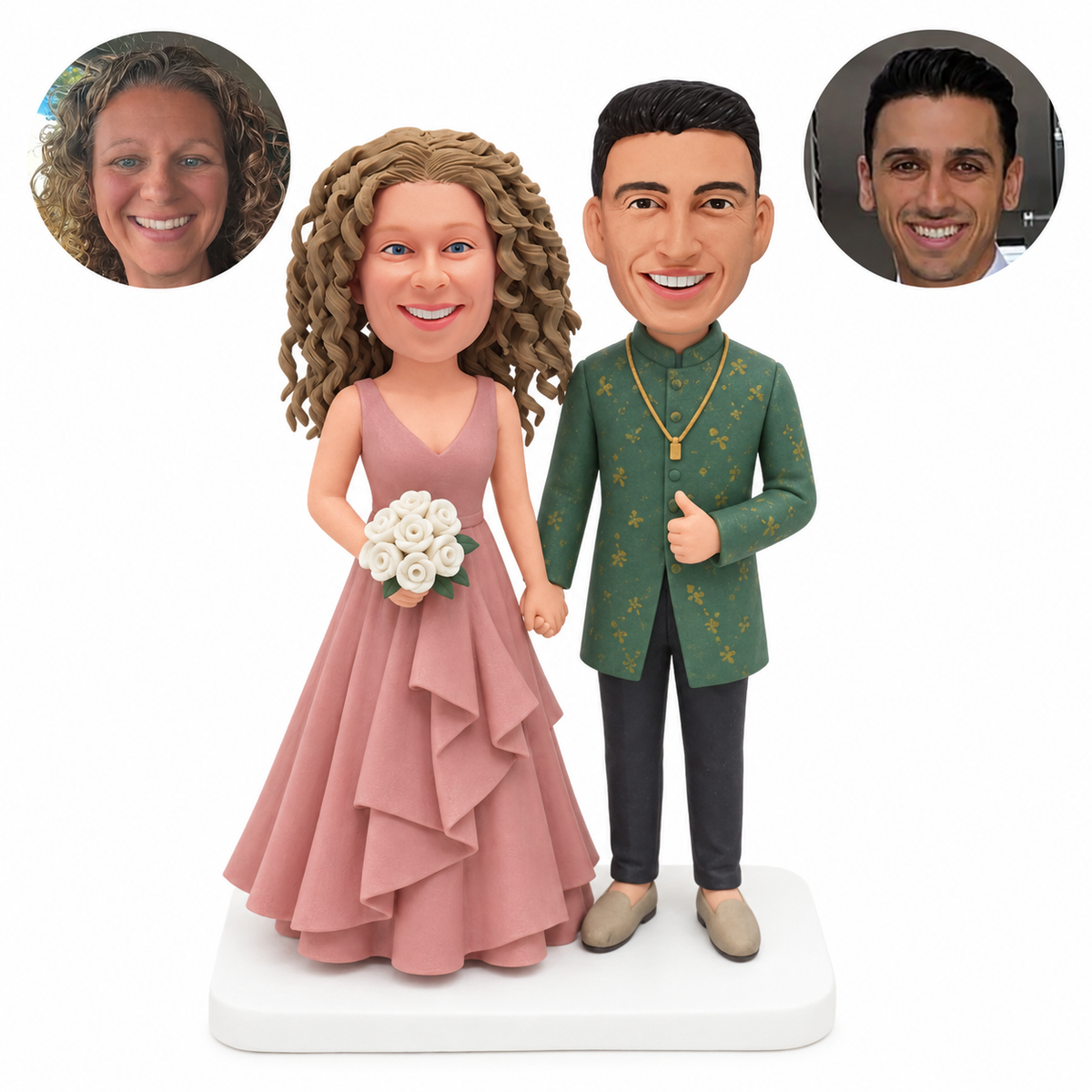 custom bobblehead figures formal couple in a tiered gown and a stand collar long coat