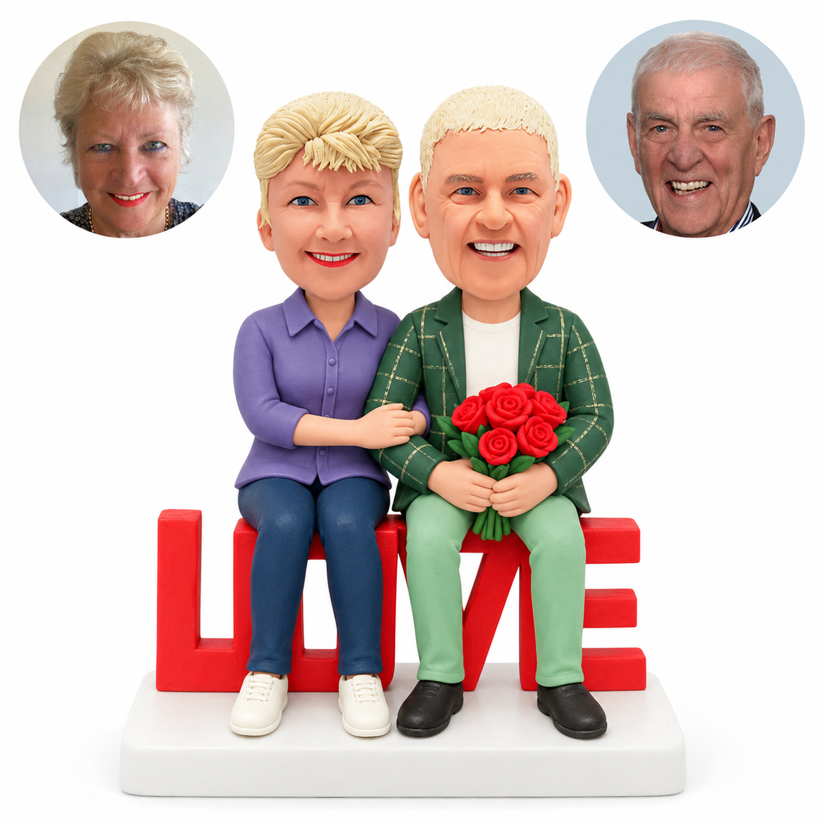 custom bobblehead figures couple sitting on a LOVE shaped seat with flowers