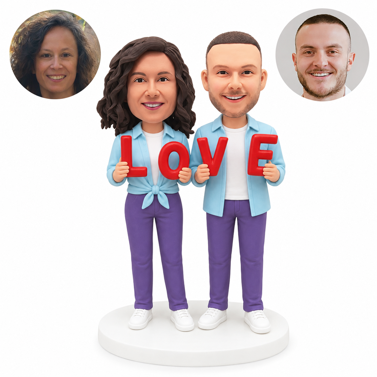 custom bobblehead figures couple holding four LOVE letter props