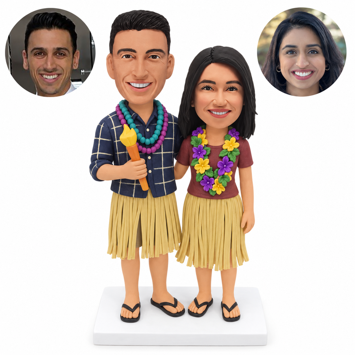 custom bobblehead figures holiday couple in grass skirts and flower leis