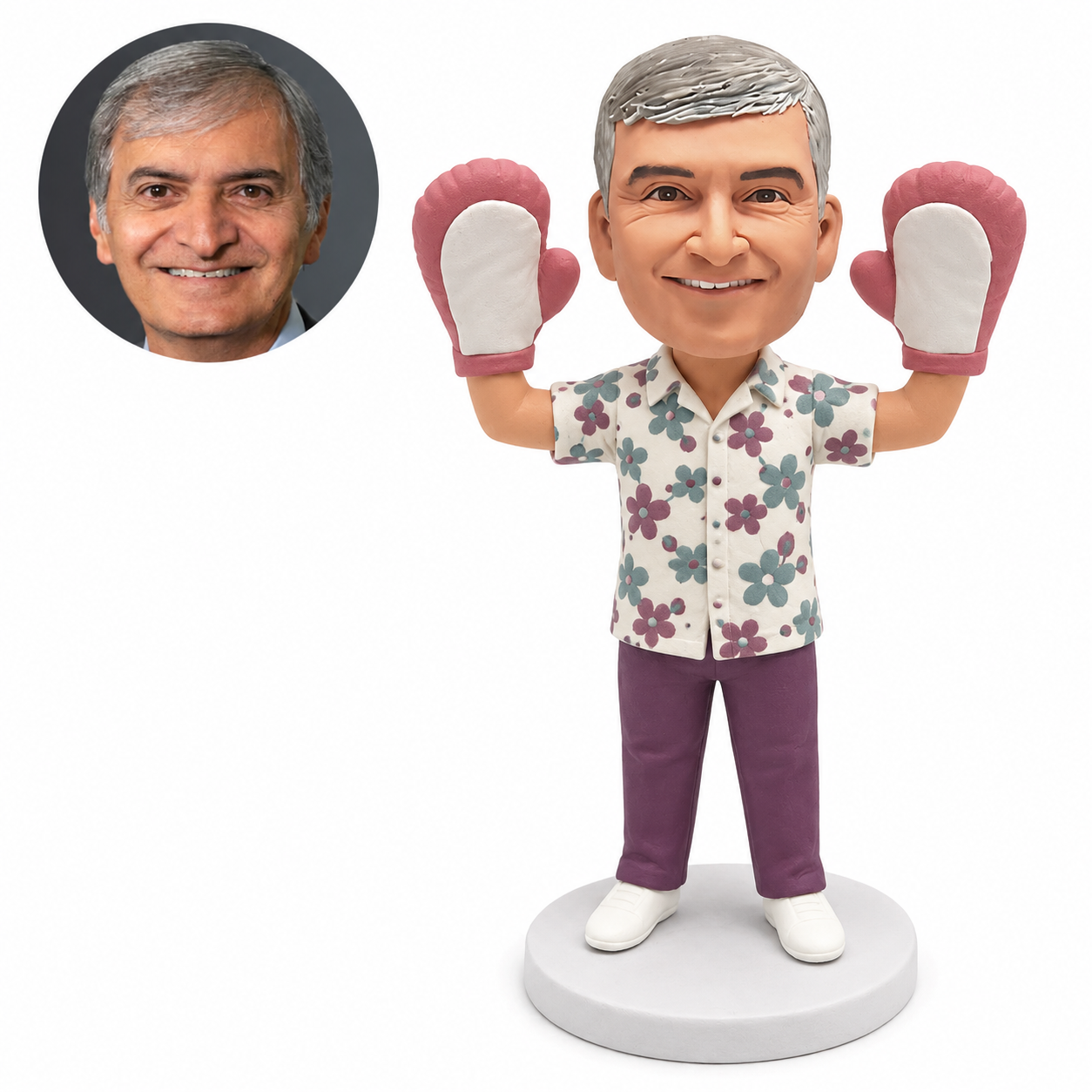 custom bobblehead figure man raising both hands in oversized oven mitts