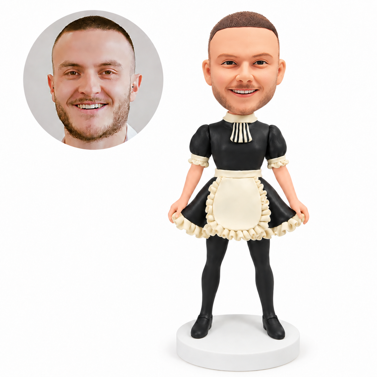 custom bobblehead figure man in a maid costume holding the dress hem