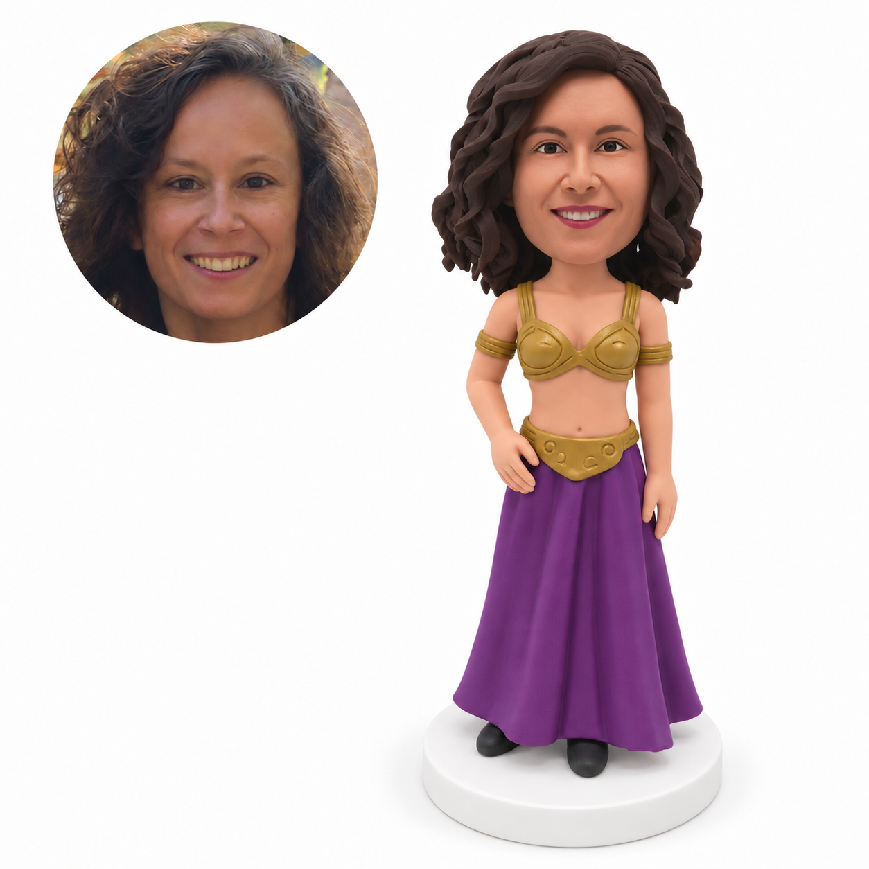 custom bobblehead figure woman in a gold crop top and long skirt