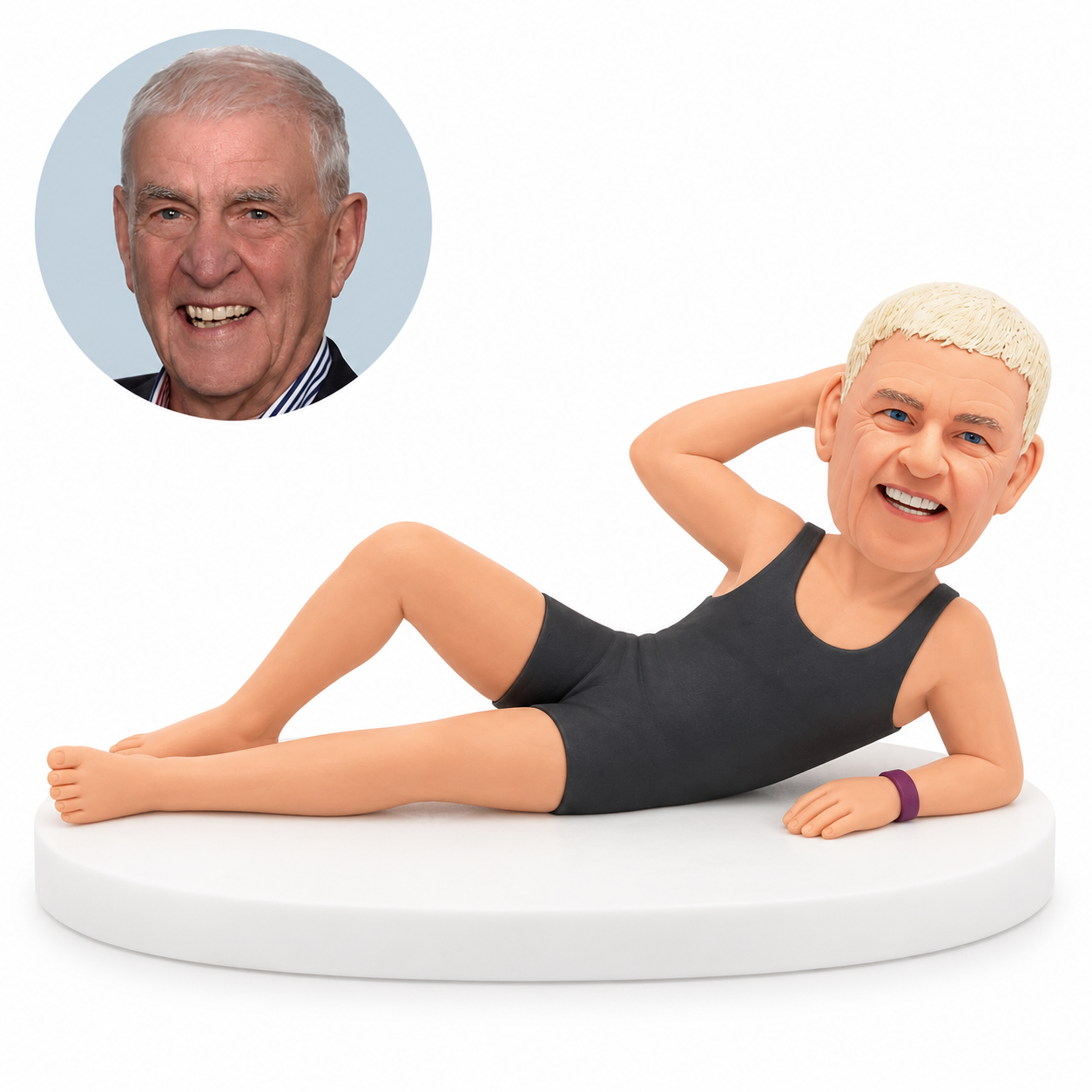 custom bobblehead figure man reclining in a one piece swimsuit