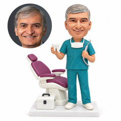 custom bobblehead figure dentist in scrubs holding a tooth and a tool beside a dental chair