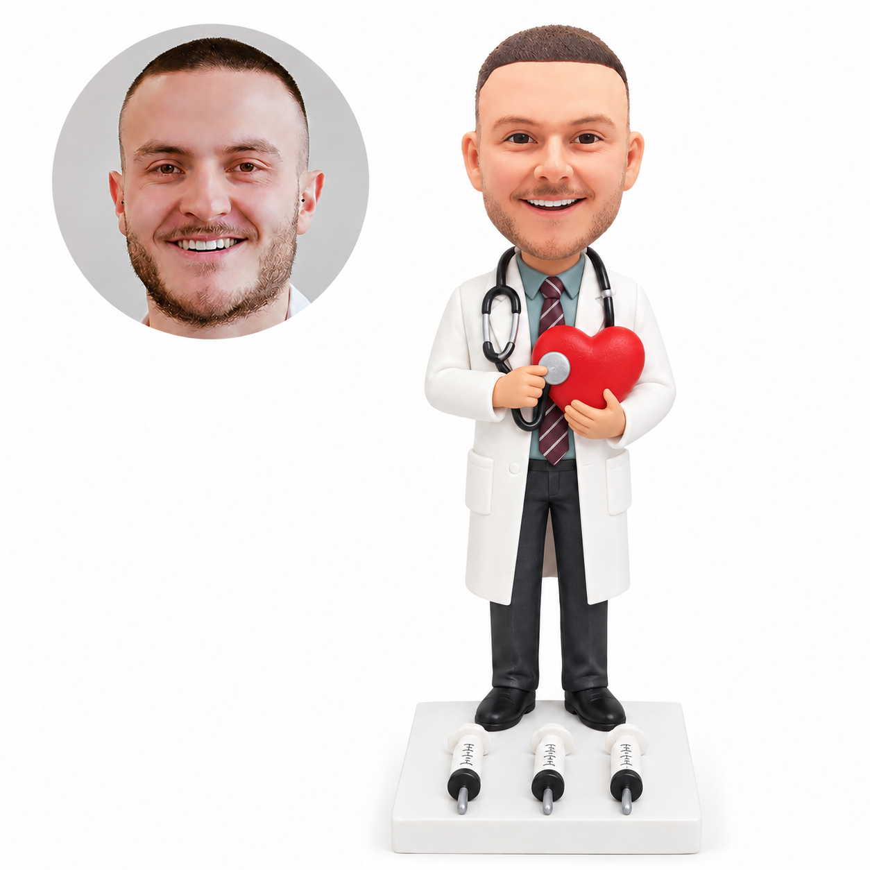custom bobblehead figure doctor examining a heart with a stethoscope and syringe decorations