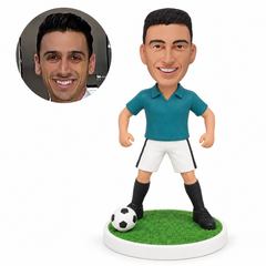 custom bobblehead figure male soccer player in a polo standing wide with both arms bent outward