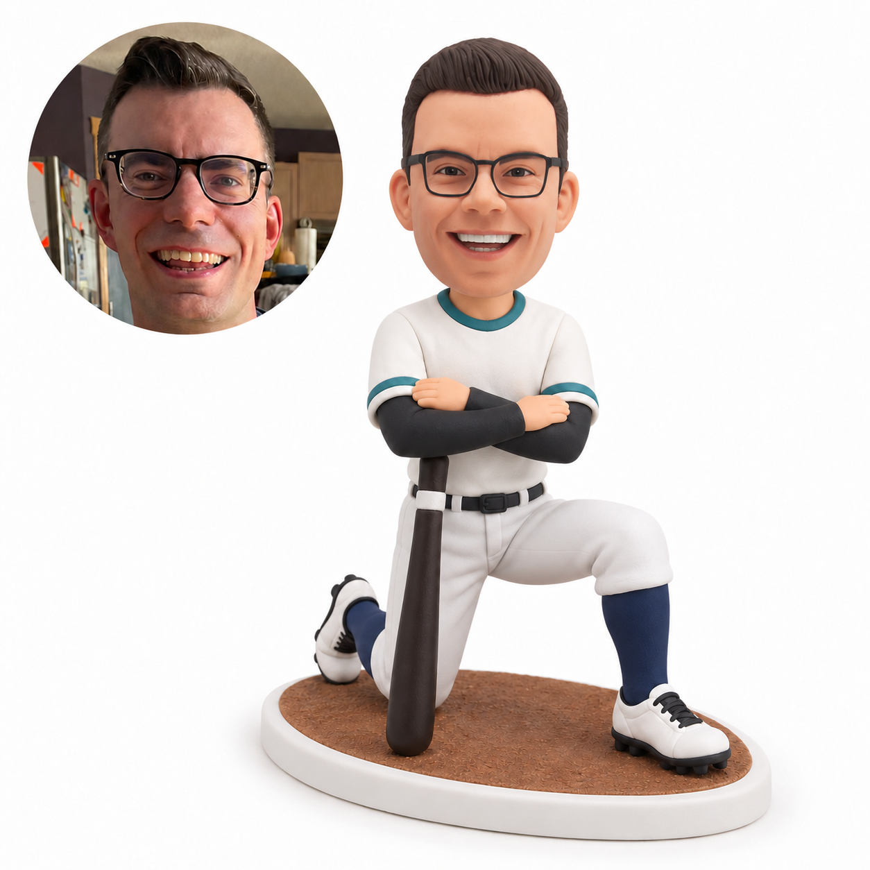 custom bobblehead figure baseball player kneeling with crossed arms beside an upright bat