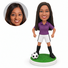 custom bobblehead figure female soccer player in a polo standing wide with both arms bent outward