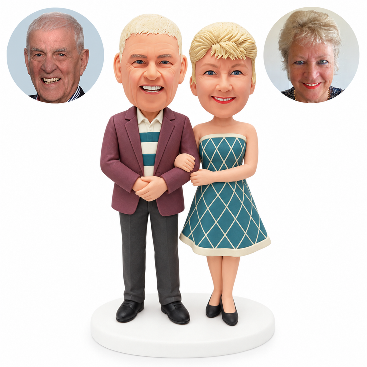 custom bobblehead figures older couple linking arms in a blazer and a strapless knee-length dress